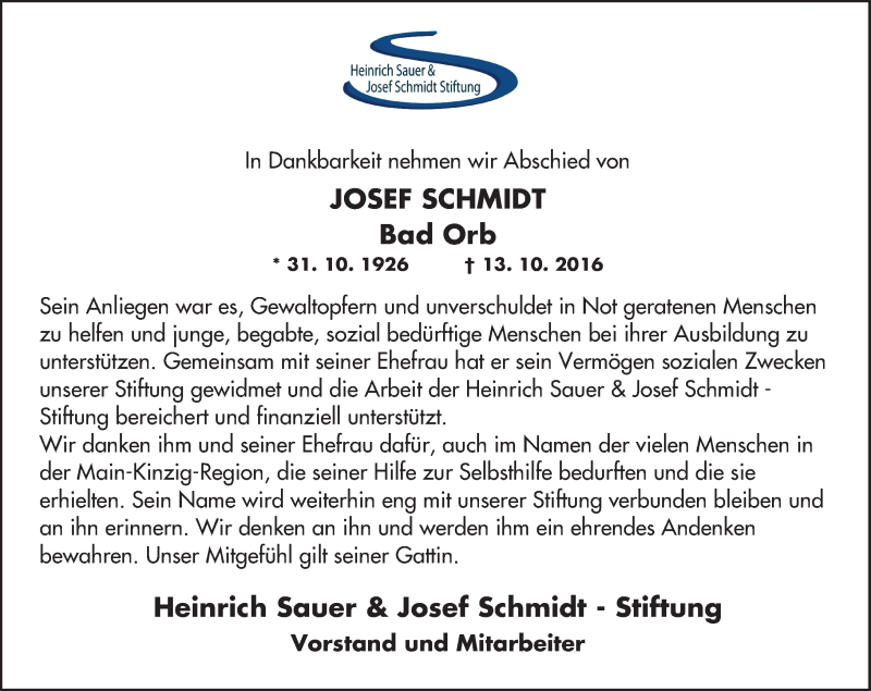  Traueranzeige für Josef Schmidt vom 05.11.2016 aus  Gelnhäuser Tageblatt