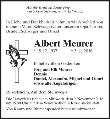 Traueranzeige von Albert Meurer von Trauerportal Echo Online