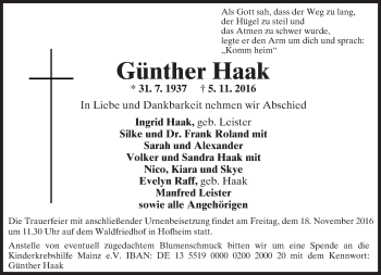 Traueranzeige von Günther Haak von Trauerportal Rhein Main Presse