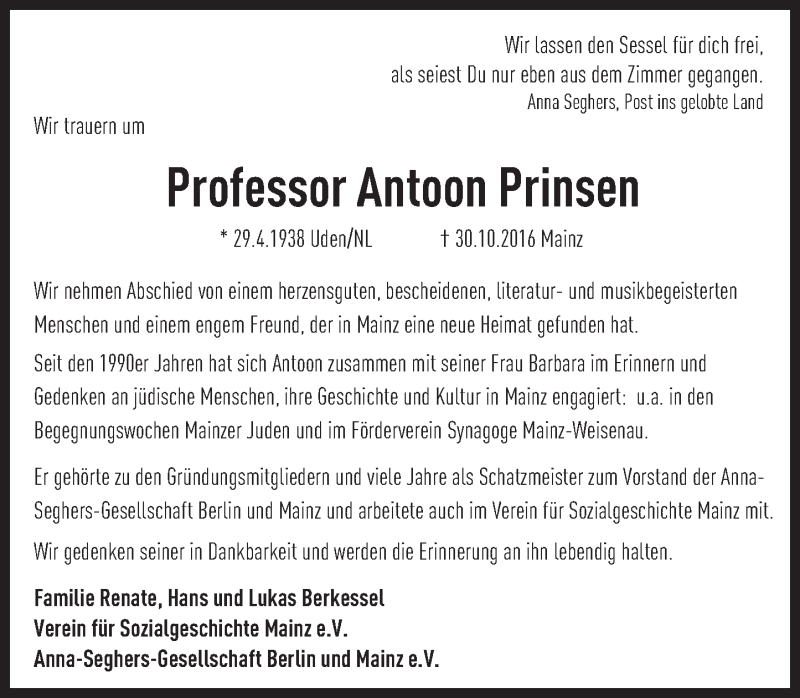  Traueranzeige für Antoon Prinsen vom 03.11.2016 aus Trauerportal Rhein Main Presse