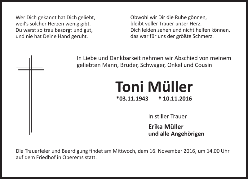 Traueranzeige für Toni Müller vom 15.11.2016 aus Trauerportal Rhein Main Presse
