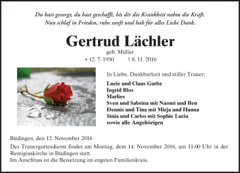 Traueranzeige von Gertrud Lächler von  Kreisanzeiger