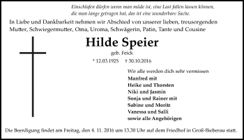 Traueranzeige von Hilde Speier von Trauerportal Echo Online