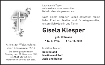 Traueranzeige von Gisela Klesper von  Kreisanzeiger