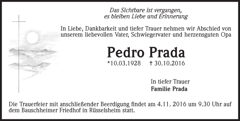  Traueranzeige für Pedro Prada vom 02.11.2016 aus Trauerportal Rhein Main Presse