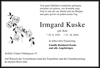 Traueranzeige von Irmgard Kuske von VRM Trauer