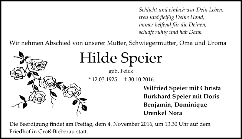  Traueranzeige für Hilde Speier vom 03.11.2016 aus Trauerportal Echo Online