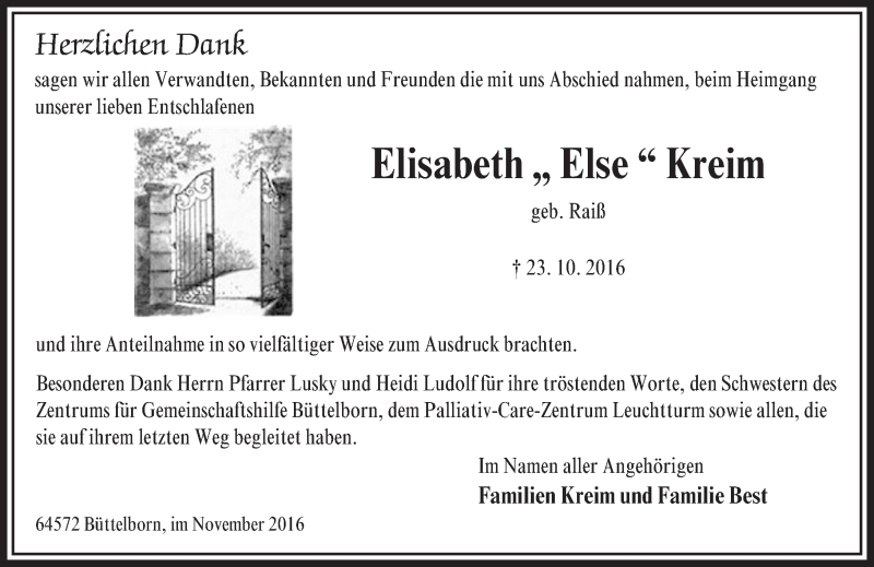  Traueranzeige für Elisabeth Kreim vom 19.11.2016 aus Trauerportal Echo Online