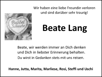 Traueranzeige von Beate Lang von Trauerportal Rhein Main Presse