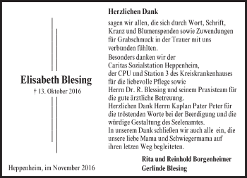 Traueranzeige von Elisabeth Blesing von Trauerportal Echo Online