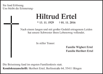 Traueranzeige von Hiltrud Ertel von Trauerportal Rhein Main Presse