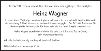 Traueranzeige von Heinz Wagner von Trauerportal Echo Online