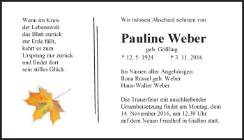 Traueranzeige von Pauline Weber von  Gießener Anzeiger