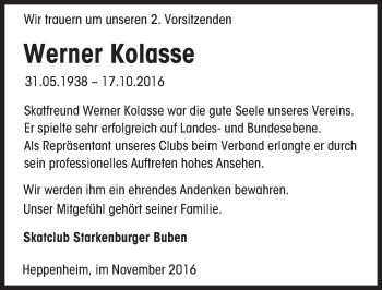 Traueranzeige von Werner Kolasse von Trauerportal Echo Online