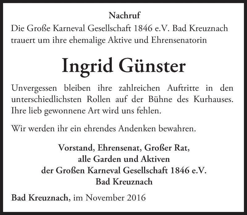  Traueranzeige für Ingrid Günster vom 12.11.2016 aus Trauerportal Rhein Main Presse