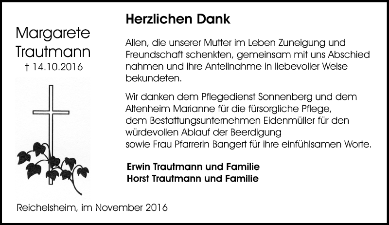  Traueranzeige für Margarete Trautmann vom 12.11.2016 aus Trauerportal Echo Online
