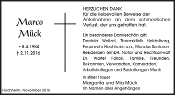 Traueranzeige von Marco Mück von Trauerportal Rhein Main Presse
