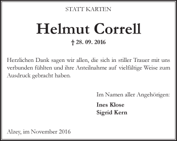 Traueranzeige von Helmut Correll von Trauerportal Rhein Main Presse