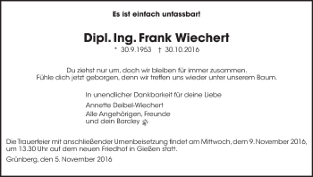 Traueranzeige von Frank Wiechert von  Gießener Anzeiger