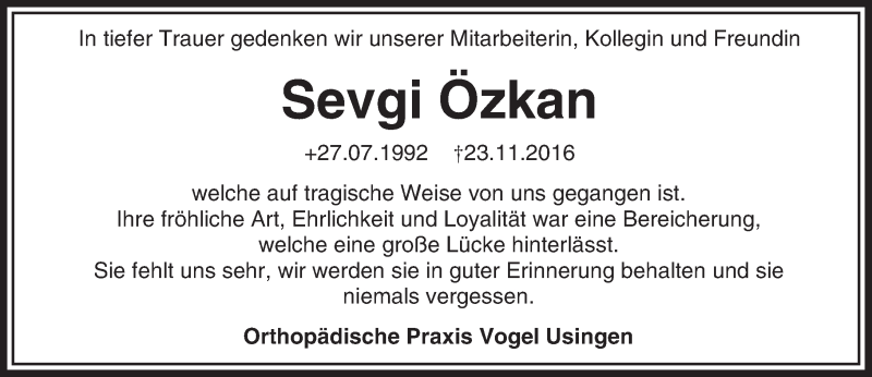  Traueranzeige für Sevgi Ozkan vom 30.11.2016 aus  Usinger Anzeiger