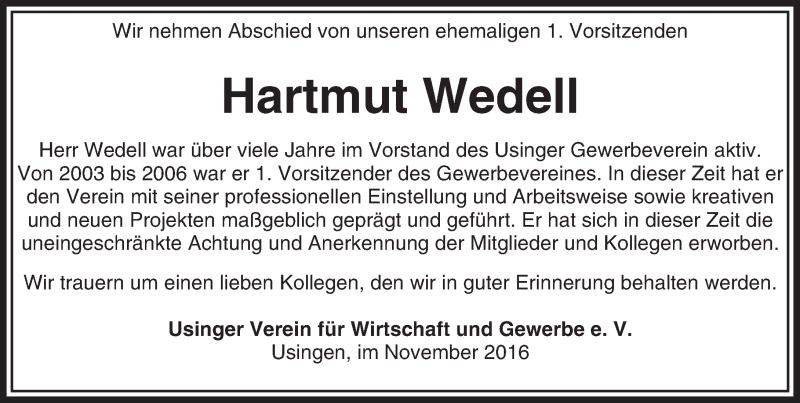  Traueranzeige für Hartmut Wedell vom 17.11.2016 aus  Usinger Anzeiger