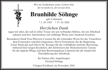 Traueranzeige von Brunhilde Söhnge von  Usinger Anzeiger