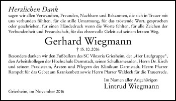 Traueranzeige von Gerhard Wiegmann von Trauerportal Echo Online