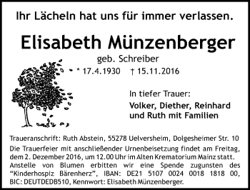 Traueranzeige von Elisabeth Münzenberger von Trauerportal Rhein Main Presse