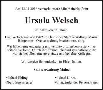 Traueranzeige von Ursula Welsch von Trauerportal Rhein Main Presse