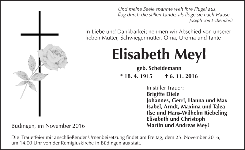  Traueranzeige für Elisabeth Meyl vom 19.11.2016 aus  Kreisanzeiger