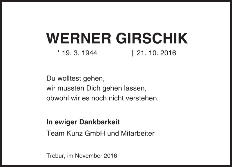  Traueranzeige für Werner Girschik vom 05.11.2016 aus Trauerportal Echo Online
