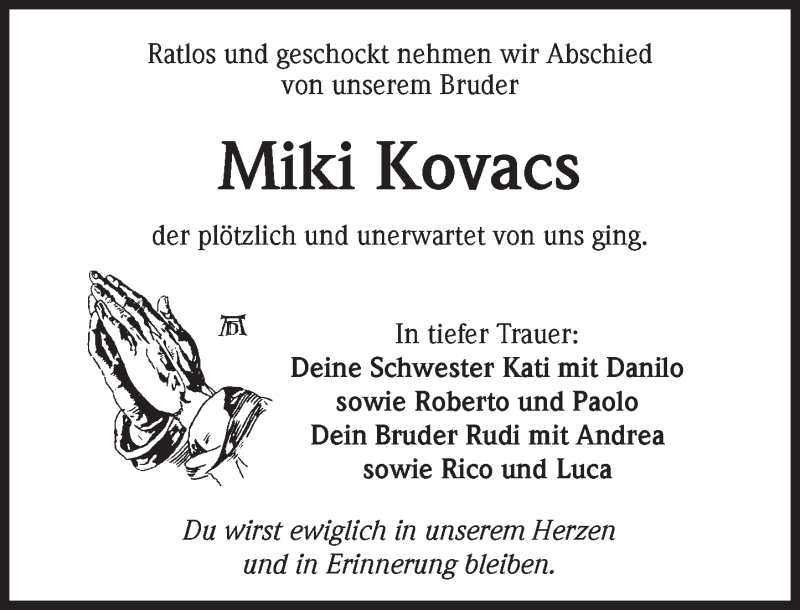  Traueranzeige für Miki Kovacs vom 19.11.2016 aus Trauerportal Rhein Main Presse