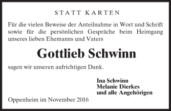 Traueranzeige von Gottlieb Schwinn von Trauerportal Rhein Main Presse