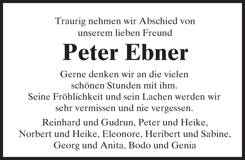  Traueranzeige für Peter Ebner vom 05.11.2016 aus  Usinger Anzeiger