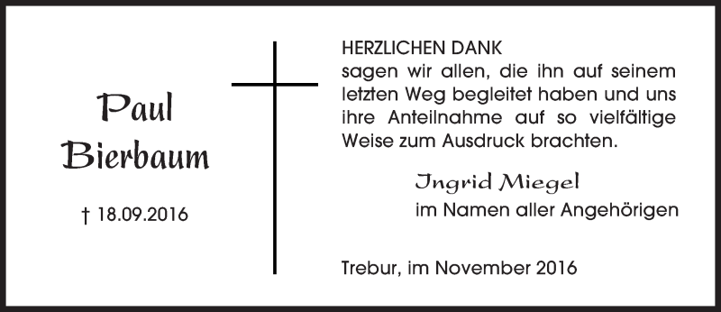  Traueranzeige für Paul Bierbaum vom 05.11.2016 aus Trauerportal Rhein Main Presse