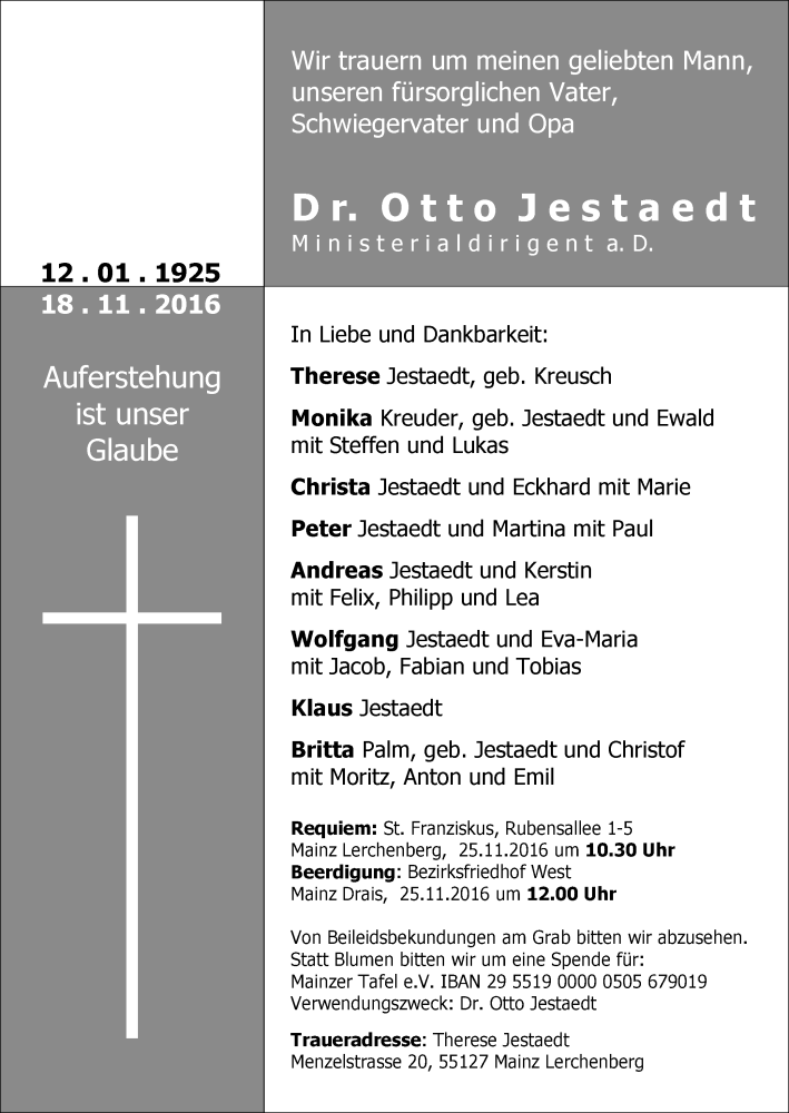  Traueranzeige für Otto Jestaedt vom 23.11.2016 aus Trauerportal Rhein Main Presse