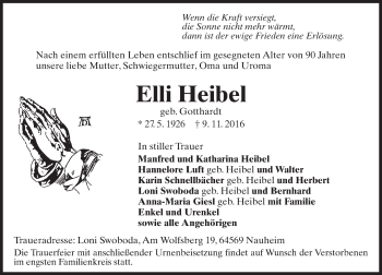 Traueranzeige von Elli Heibel von Trauerportal Rhein Main Presse