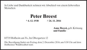 Traueranzeige von Peter Breest von Trauerportal Rhein Main Presse