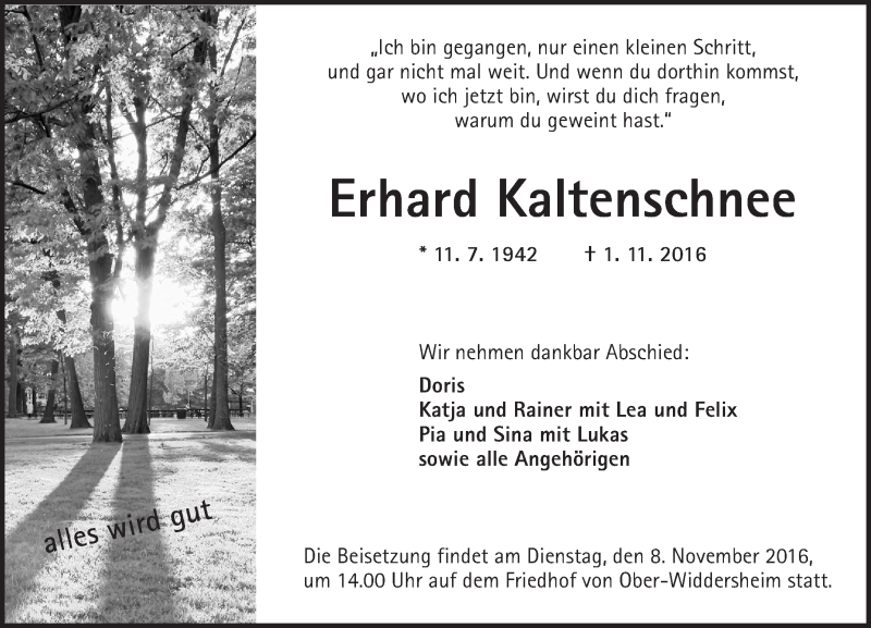  Traueranzeige für Erhard Kaltenschnee vom 05.11.2016 aus  Kreisanzeiger