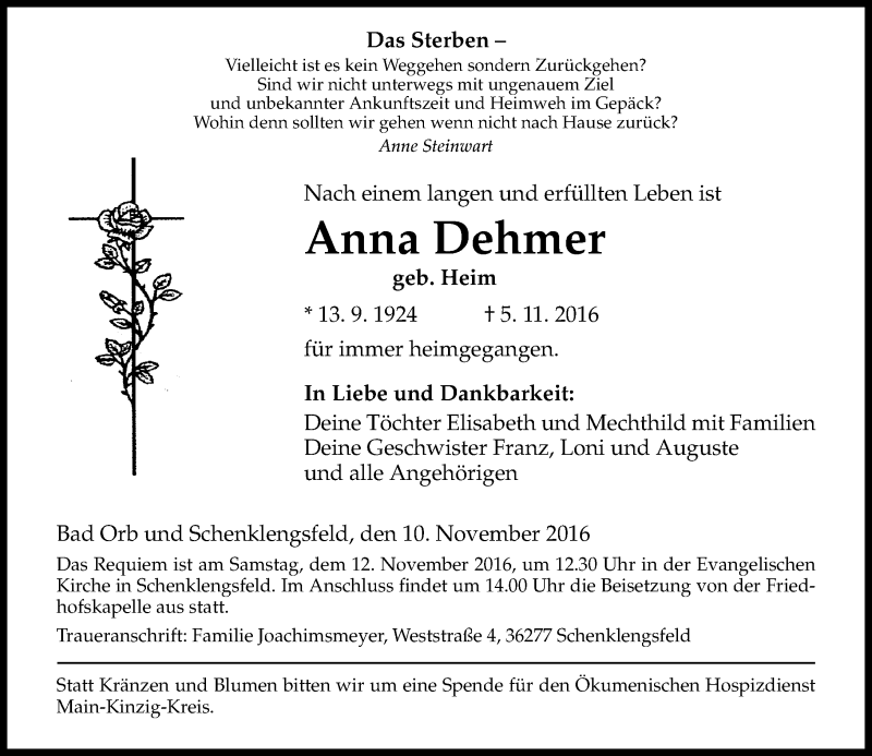  Traueranzeige für Anna Dehmer vom 12.11.2016 aus  Gelnhäuser Tageblatt