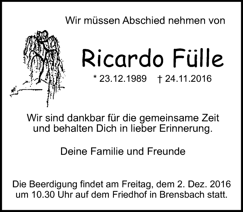  Traueranzeige für Ricardo Fülle vom 30.11.2016 aus Trauerportal Echo Online