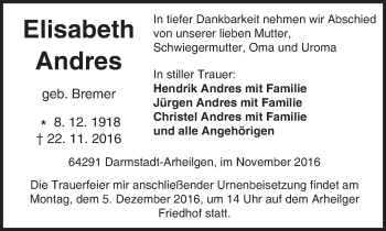 Traueranzeige von Elisabeth Andres von Trauerportal Echo Online