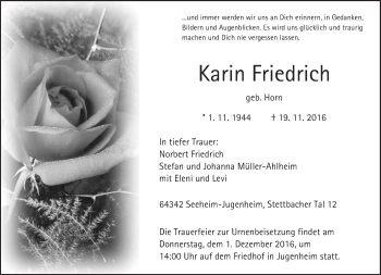 Traueranzeige von Karin Friedrich von Trauerportal Echo Online