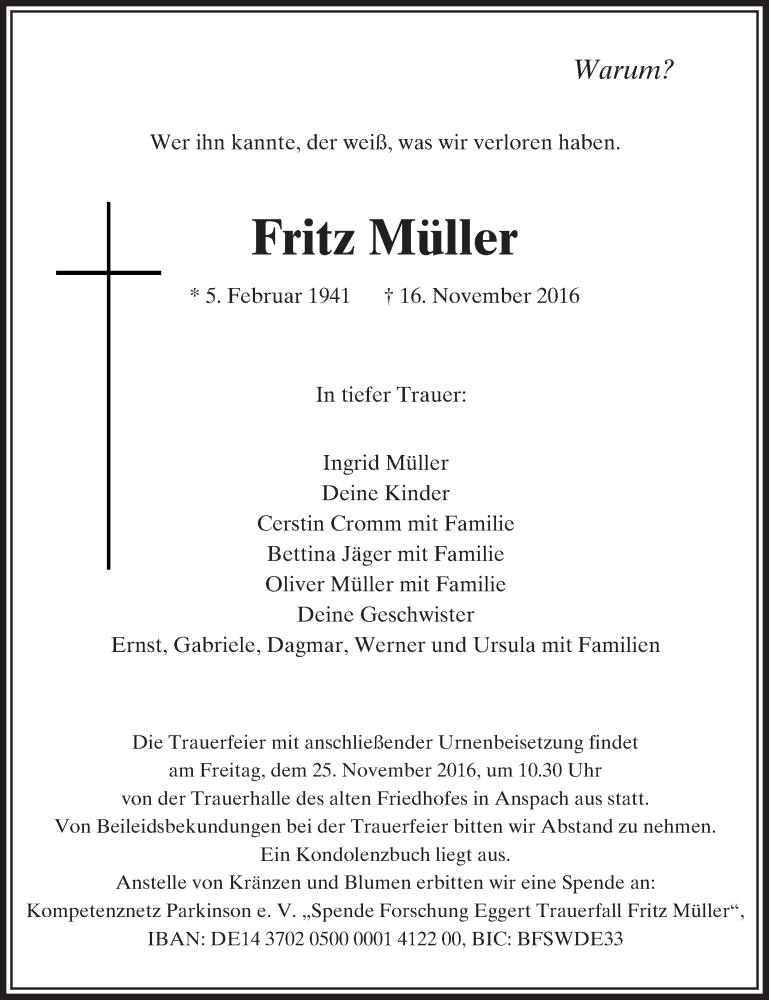  Traueranzeige für Fritz Müller vom 22.11.2016 aus  Usinger Anzeiger