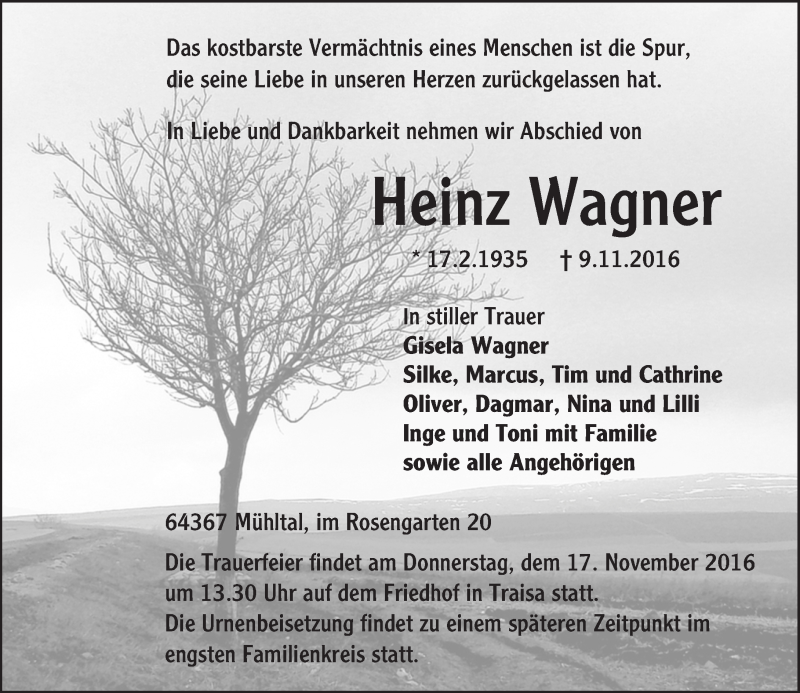  Traueranzeige für Heinz Wagner vom 12.11.2016 aus Trauerportal Echo Online