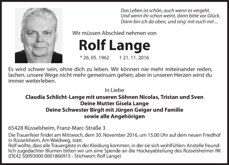  Traueranzeige für Rolf Lange vom 26.11.2016 aus Trauerportal Rhein Main Presse