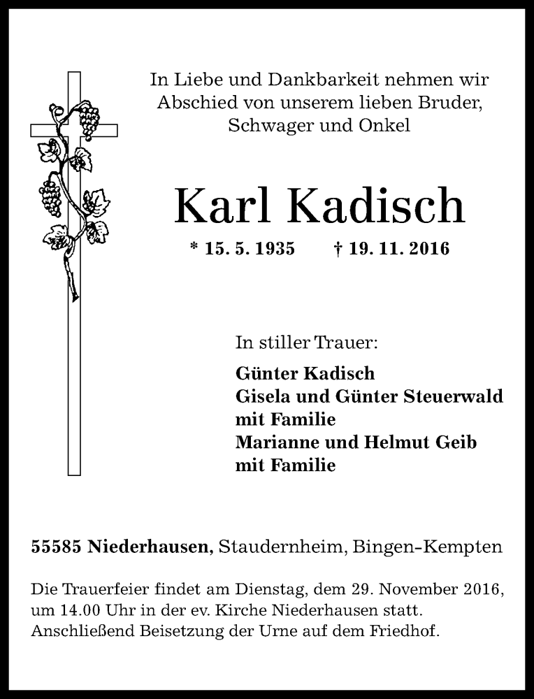  Traueranzeige für Karl Kadisch vom 25.11.2016 aus Trauerportal Rhein Main Presse