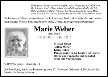 Traueranzeige von Marie Weber von Trauerportal Echo Online