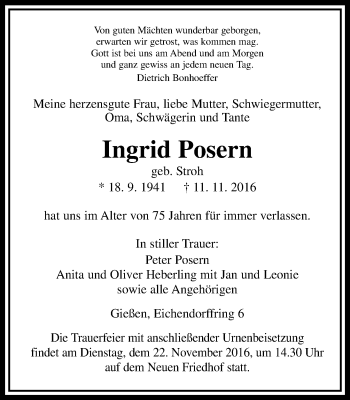 Traueranzeige von Ingrid Posern von  Gießener Anzeiger