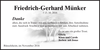Traueranzeige von Friedrich-Gerhard Münker von Trauerportal Rhein Main Presse